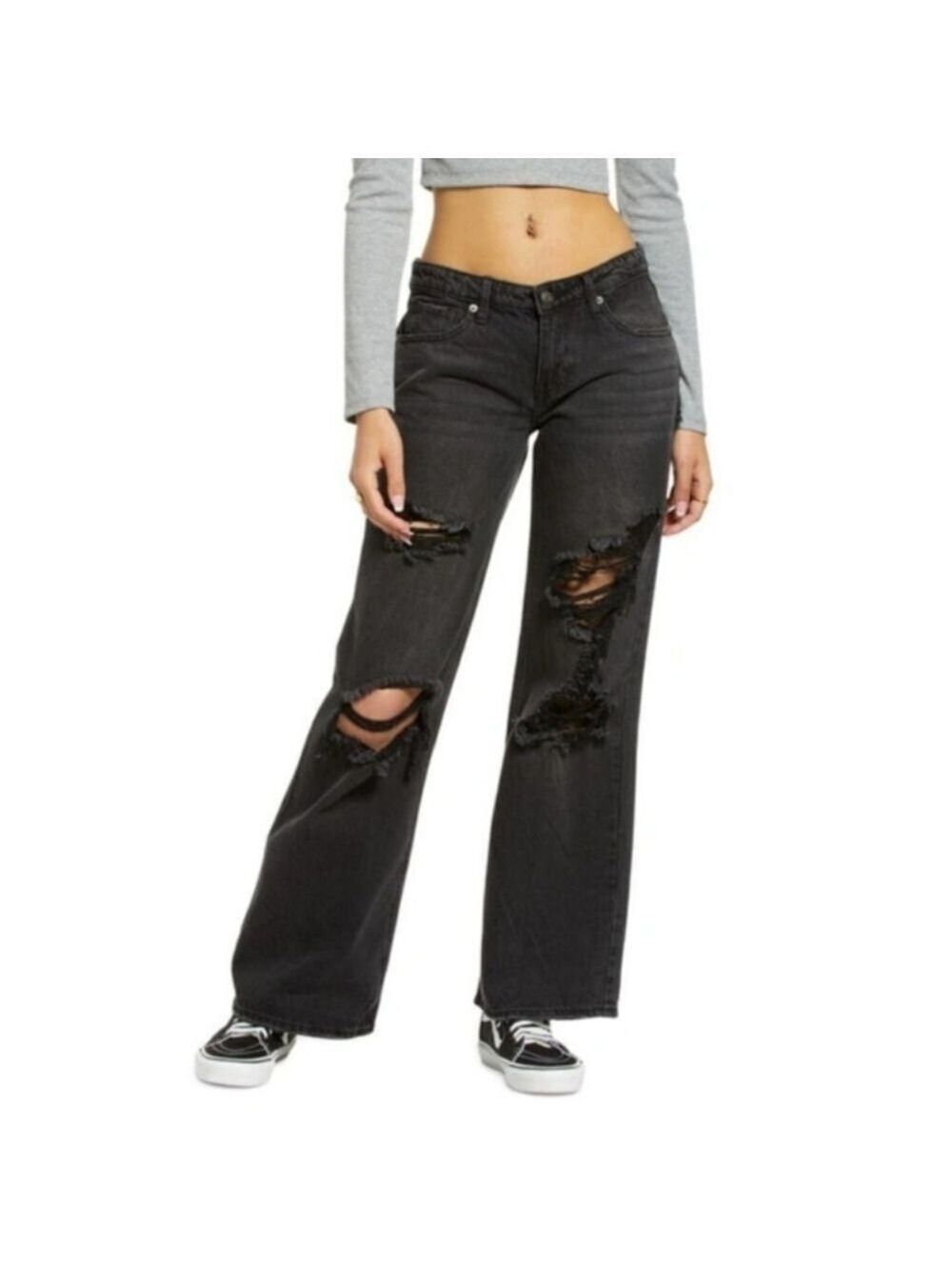 BP Destroyed Wide Leg Ripped Low Rise Black Jeans Size 30 - New With Tags